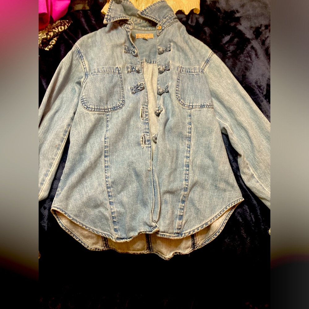jean type button up shirt.